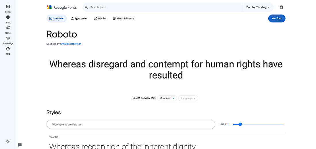 Google Fonts Roboto Page Screenshot