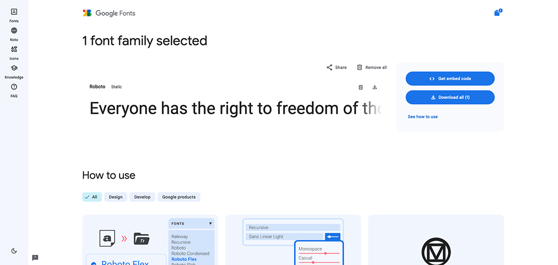 Google Fonts Roboto Selected Screenshot